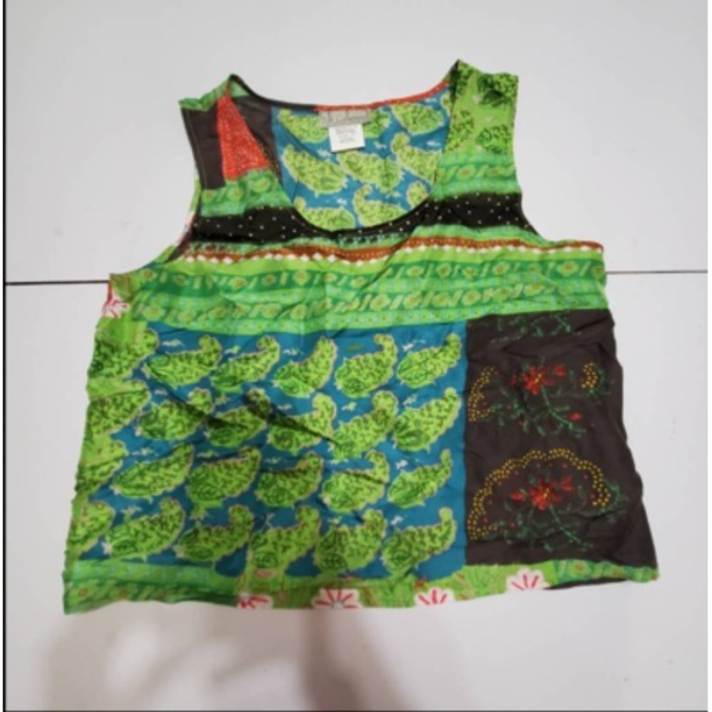 Silk Collection Womens Tank Top Green Blue Floral Pullover Scoop Neck 12